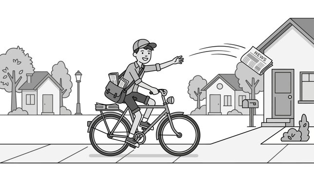 A young paperboy riding a bicycle and throwing a newspaper toward a house.