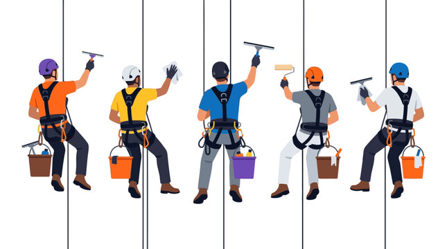 Five professional window cleaners suspended on ropes working on a building facade.