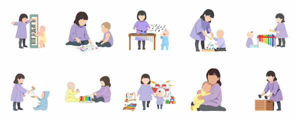 Vector illustration set of toddler girl and baby brother playing musical instruments, early childhood music education and sibling bonding concept. © Pelabuhan