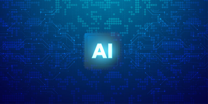 Artificial intelligence concept with ai text on glowing microchip over binary code digital background.