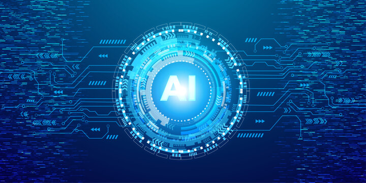 Futuristic artificial intelligence interface with glowing circular hud and digital data streams on blue.