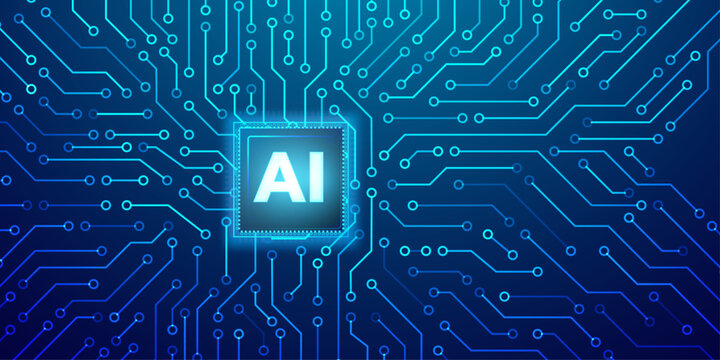 Artificial intelligence processor unit on blue circuit board background with glowing AI text.