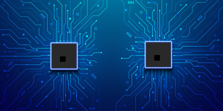 Two processor units on a blue circuit board background with connecting lines.