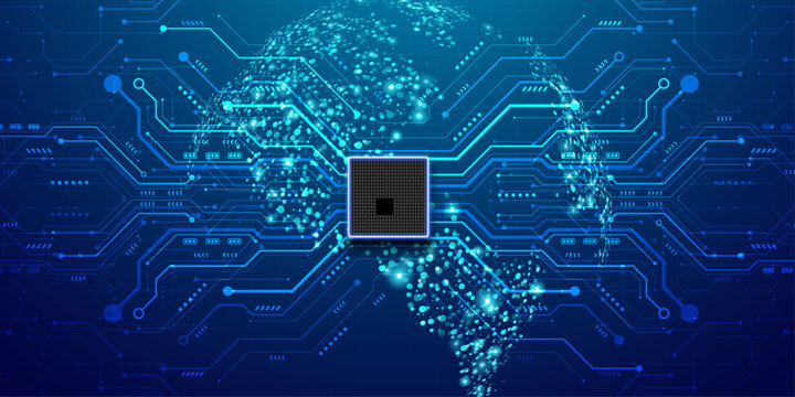 Abstract futuristic globe with central processor unit on blue circuit board background.