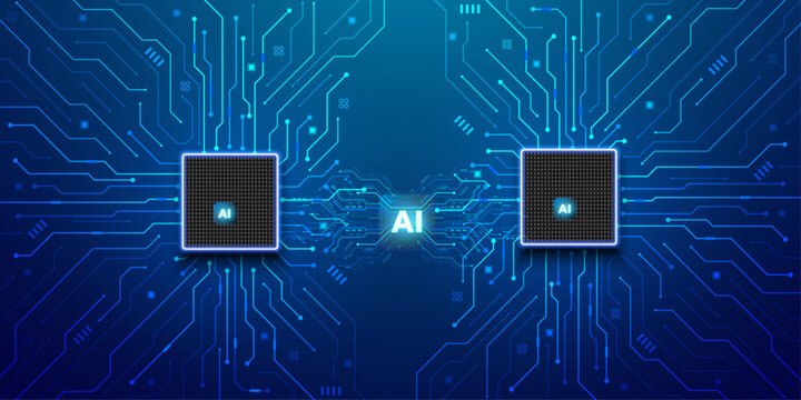 Two artificial intelligence processors on a blue circuit board background with glowing AI text.