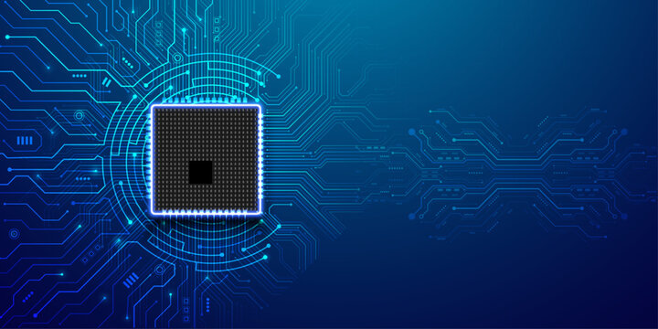 Central processor chip on a blue glowing circuit board background, concept for computing.