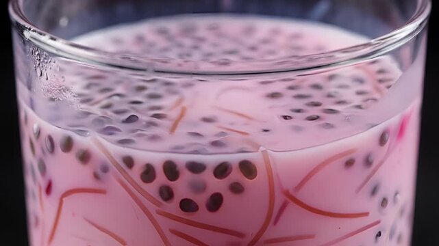 Refreshing Pink Drink with Basil Seeds and Noodles.