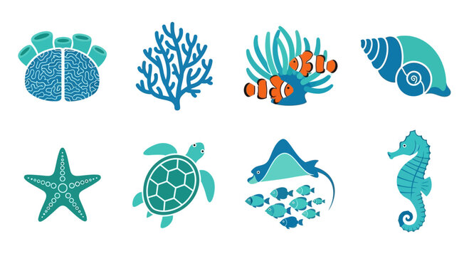 Ocean Life Collection: Coral, Fish, Seahorse, Turtle, Starfish, Jellyfish, Shell, Stingray