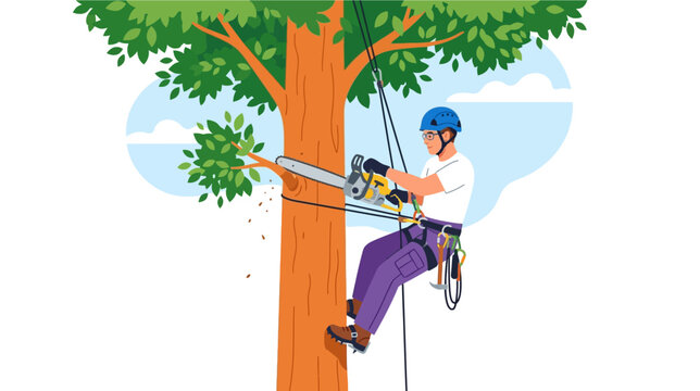 Professional arborist using a chainsaw while suspended in a tree for maintenance.