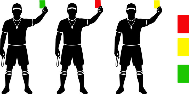 Three referees in black uniform holding green, yellow and red cards, indicating good, caution and bad performance in sports, isolated on white background.