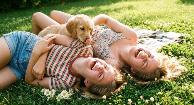 Two young female friends laughing with golden retriever puppy on summer lawn