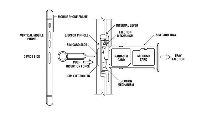 Technical diagram showing the internal mechanism of a mobile phone SIM card tray ejection system.