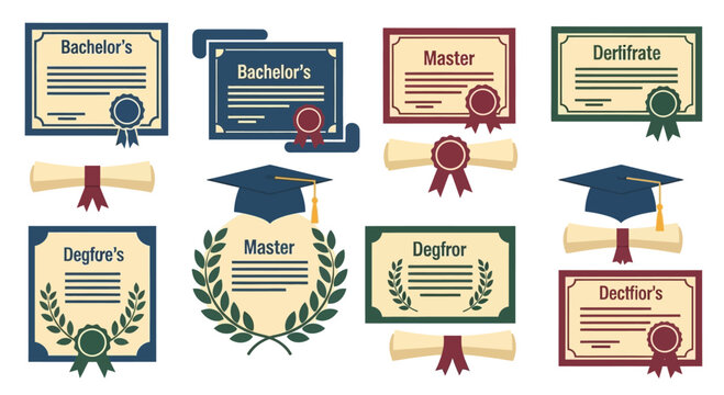 Collection of Academic Degrees, Diplomas, Certificates, and Graduation Caps