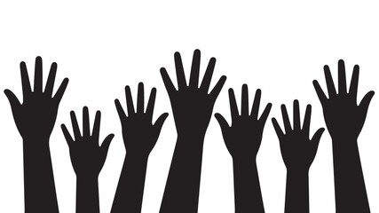 Obraz premium Black silhouettes of multiple hands raised up on white background for concepts of unity and teamwork