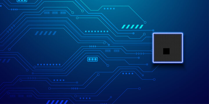 Modern computer chip on abstract blue circuit board technology background, digital concept.