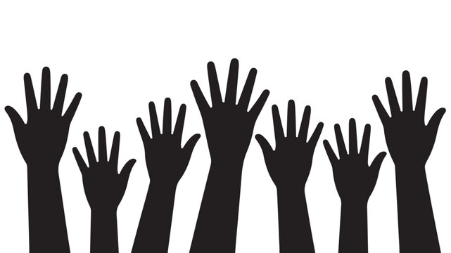 Black silhouettes of multiple hands raised up on white background for concepts of unity and teamwork