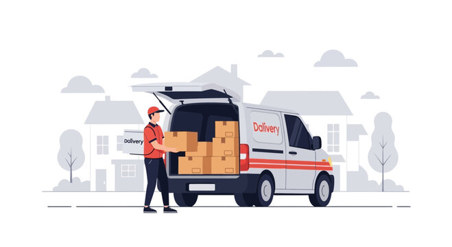 Delivery driver loading boxes into a van in a residential area