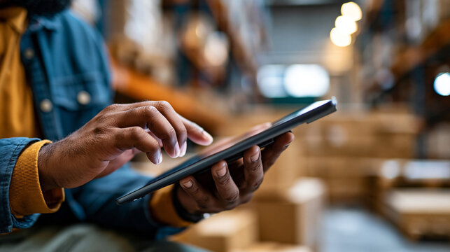 Close-up of an industrial warehouse worker's hands holding a tablet, verifying parcel shipment details and cross-referencing cargo transportation records for daily order processing,