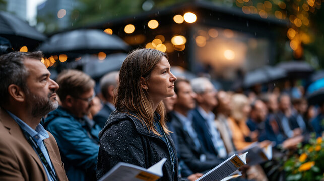 World Environment summit outdoor plenary session disrupted by unexpected downpour, delegates clutching printed agendas while staff rush to cover equipment, umbrellas opening across audience seating,