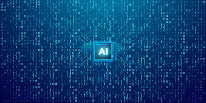 Artificial intelligence microchip on circuit board surrounded by binary code and digital data.