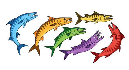Fototapeta premium Colorful Barracuda Fish School Swimming Underwater, Vibrant Marine Life