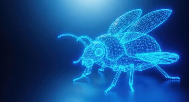 Glowing blue digital wireframe bee model illustration