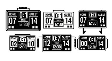 Naklejka premium Scoreboard Icons: Sports Game Score Displays, Timer, Home and Guest Scores