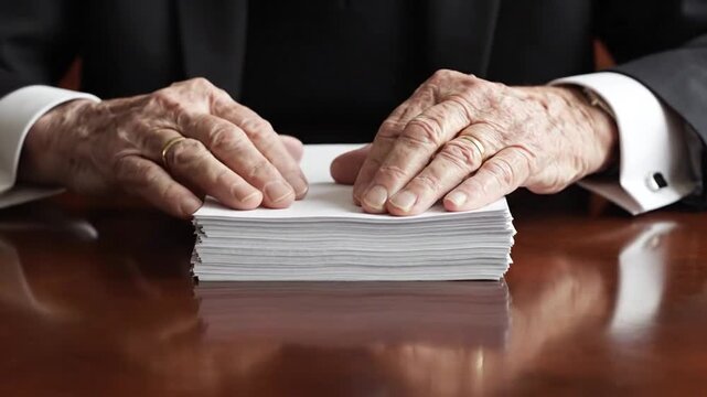Senior hands organizing stack of white paper on dark desk
