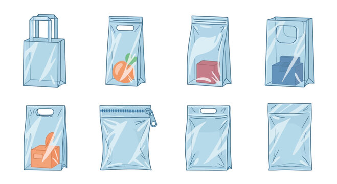 Set of Transparent Plastic Packaging Bags and Pouches
