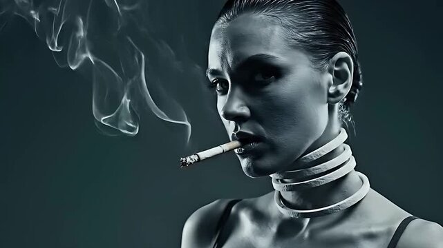 Woman smoking a cigarette with dramatic rising smoke. Artistic fashion portrait featuring a unique coiled neck collar and cinematic lighting. Edgy concept for social issues and modern aesthetics.