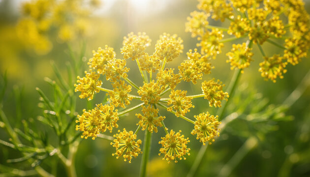 Wild fennel pollen microscopic yellow flowers macro with golden dust