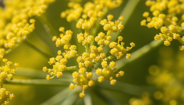 Wild fennel pollen microscopic yellow flowers macro with golden dust
