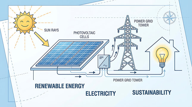 Detailed diagram showing solar panel absorbing sun rays connected to electricity grid tower and glowing bulb representing clean renewable power generation and sustainable ecological technology.