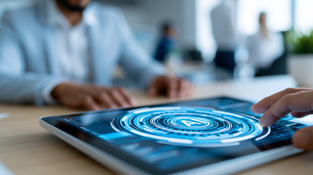 AI agents transforming business workflows on a digital interface in a modern office, automation and efficiency concept, close-up view, defocused environment, with copy space