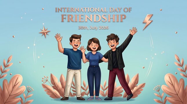 Illustration of three smiling people celebrating International Day of Friendship in a digital style