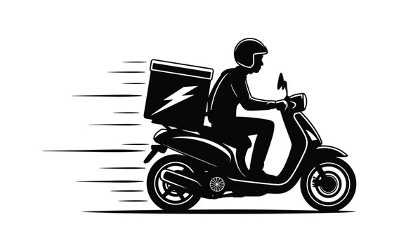 Black and white silhouette of a delivery rider on a scooter with a lightning bolt on the cargo box and motion lines indicating speed travel