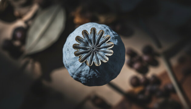 Dried poppy seed pod star shaped crown macro texture