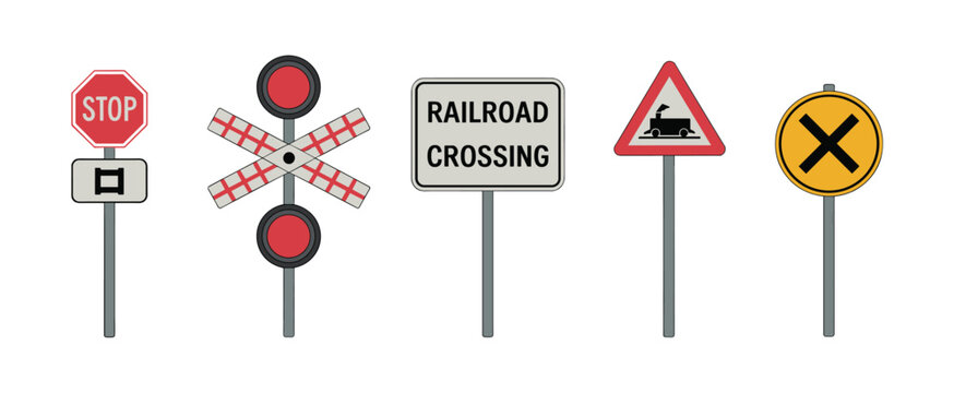 Collection of five distinct railroad crossing and traffic warning signs featuring stop sign crossbuck signal railroad crossing text triangular train warning and circular x mark symbol