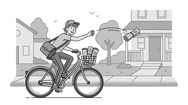 A young paperboy riding a bicycle while throwing a newspaper toward a house.