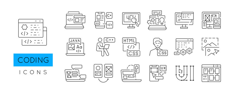 Coding icons. Set of coding trendy minimal icons. Code, Laptop, Developer, Screen, Interface icon. Design signs for web page, mobile app, packaging design. Vector illustration