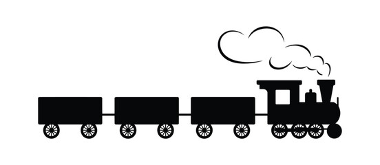 Black silhouette of a steam locomotive pulling three cargo train cars with a cloud of smoke rising from the chimney on a white background © Jibit