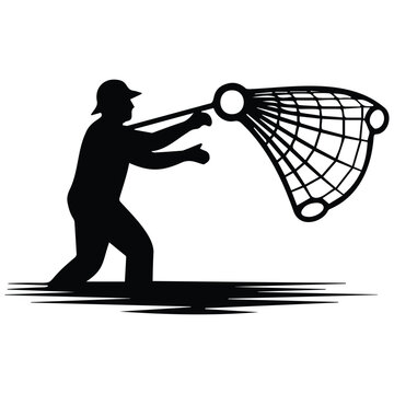 Fisherman using cast net silhouette vector illustration for traditional fishing industry.