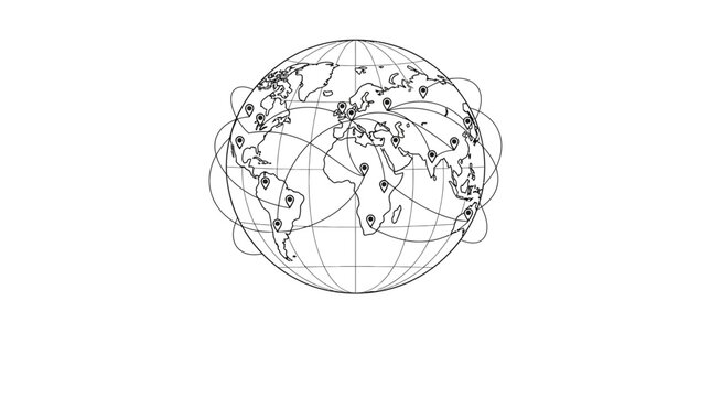 A stylized wireframe globe illustration featuring interconnected global network nodes and communication lines.