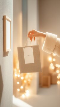 Person holding shopping bag indoors near wall with warm illuminated background and bokeh effect Handicraft business banner a handicraft business story minimalist organic handcraft business banner