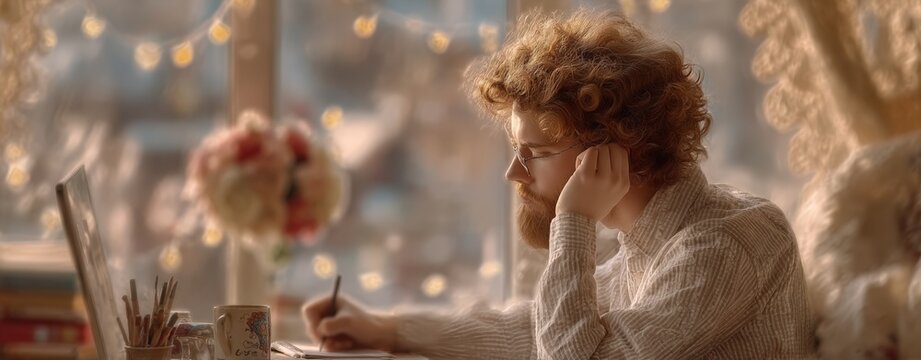 Young woman working on laptop at cozy desk with flowers and warm lighting at home Handicraft business banner a handicraft business story minimalist organic handcraft business banner