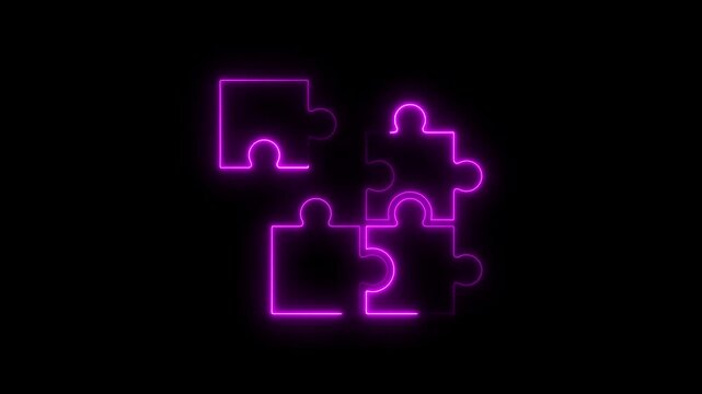 Neon glowing puzzle pieces animation: problem solving and strategy concept