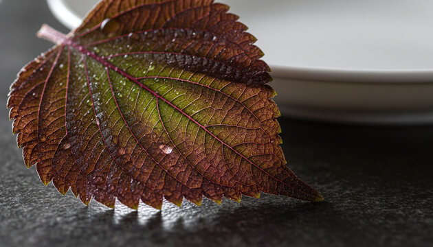 Japanese Purple Shiso Perilla leaf macro with backlit vein network