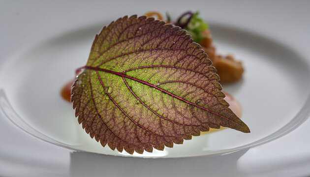 Japanese Purple Shiso Perilla leaf macro with backlit vein network