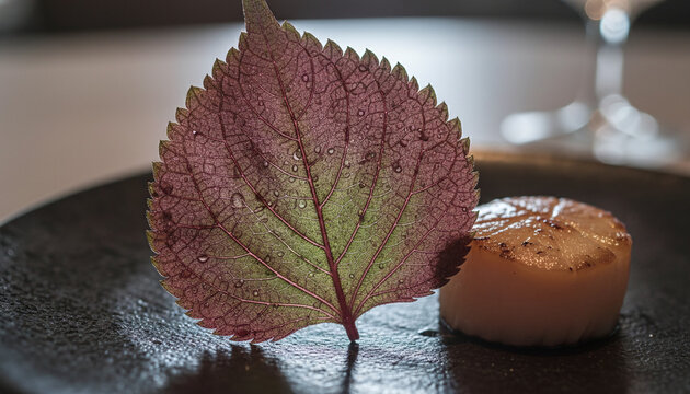 Japanese Purple Shiso Perilla leaf macro with backlit vein network
