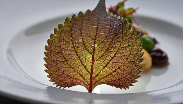 Japanese Purple Shiso Perilla leaf macro with backlit vein network